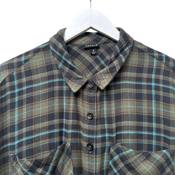 TORRID Flannel Shirt Large (Torrid 0) Olive Green Plaid Heart Long Sleeve Womens - Picture 9 of 13